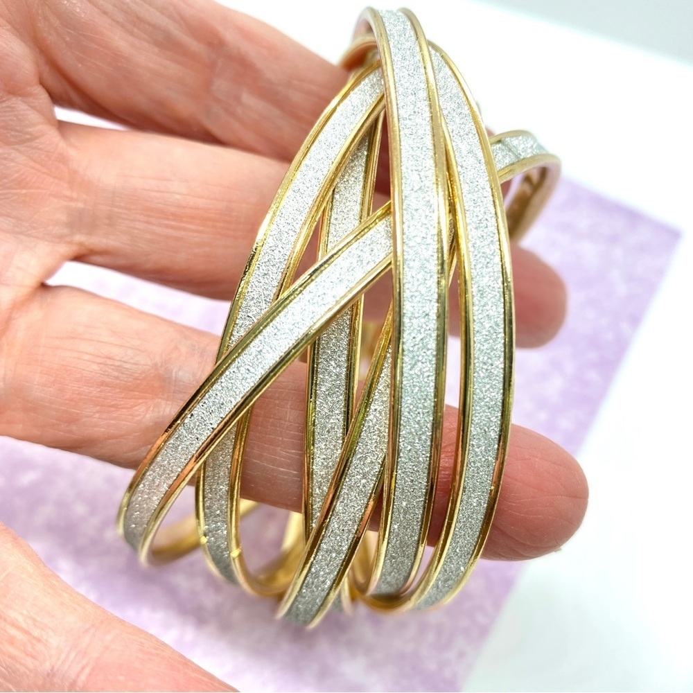 Bangles Set of 6 Attached Goldtone with Silver Sparkle